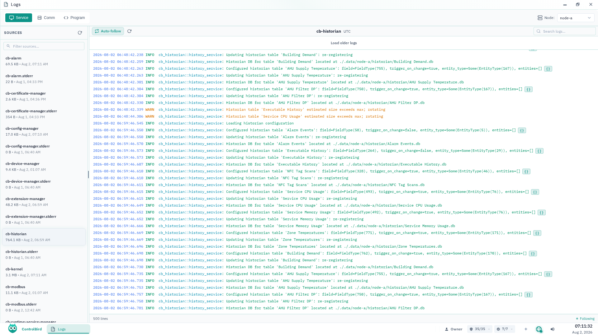 Instance Logs section in Node Detail